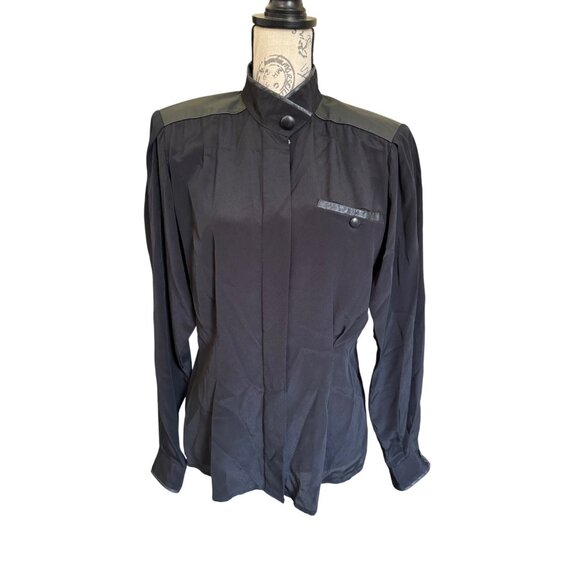 Vintage Erena By Irene Koenig Black Blouse Leather Trim Peplum Size 6 - Picture 1 of 12